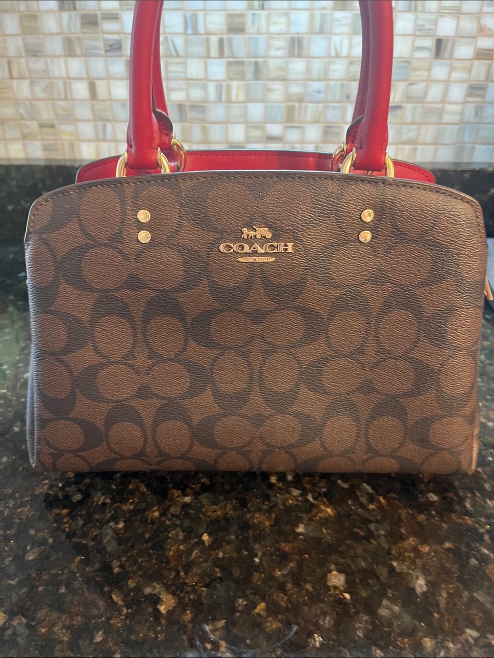Coach Brown Signature Satchel with Red Handles
